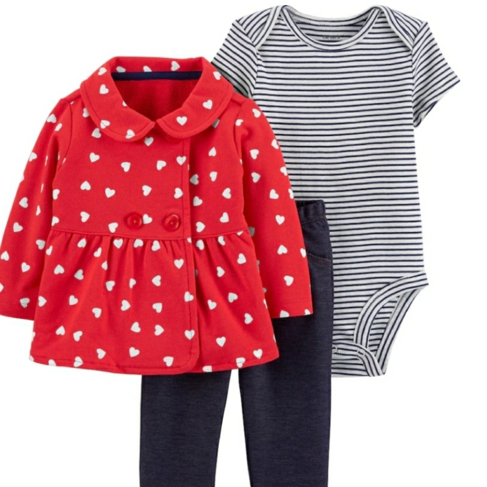 New Baby Girl Carter's 3-Piece Cardigan Red Jacket Hearts Onesie Pants